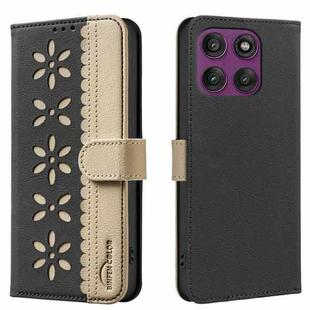 For Motorola Edge 60 Pro Splicing Color Hollow Flower Pattern RFID Leather Phone Case(Black)