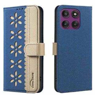 For Motorola Edge 60 Pro Splicing Color Hollow Flower Pattern RFID Leather Phone Case(Dark Blue)