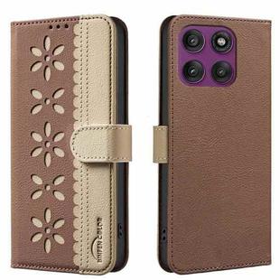 For Motorola Edge 60 Pro Splicing Color Hollow Flower Pattern RFID Leather Phone Case(Brown)