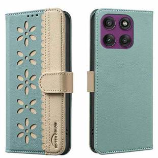For Motorola Edge 60 Pro Splicing Color Hollow Flower Pattern RFID Leather Phone Case(Green)