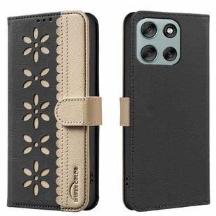 For Motorola Moto G56 5G Splicing Color Hollow Flower Pattern RFID Leather Phone Case(Black)
