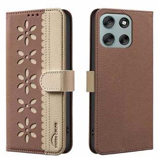 For Motorola Moto G56 5G Splicing Color Hollow Flower Pattern RFID Leather Phone Case(Brown)
