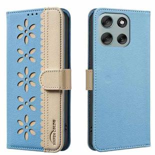 For Motorola Moto G56 5G Splicing Color Hollow Flower Pattern RFID Leather Phone Case(Baby Blue)