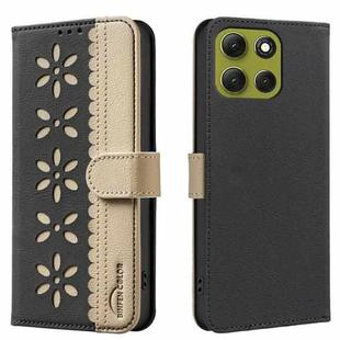 For Motorola Moto G86 5G Splicing Color Hollow Flower Pattern RFID Leather Phone Case(Black)