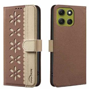 For Motorola Moto G86 5G Splicing Color Hollow Flower Pattern RFID Leather Phone Case(Brown)