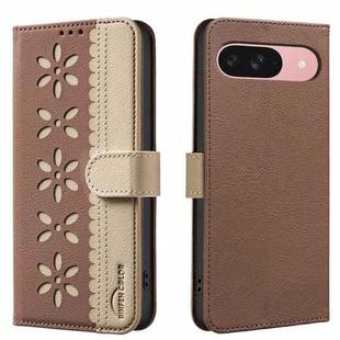 For Google Pixel 8 Pro Splicing Color Hollow Flower Pattern RFID Leather Phone Case(Brown)