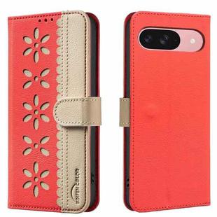 For Google Pixel 8 Pro Splicing Color Hollow Flower Pattern RFID Leather Phone Case(Red)