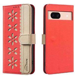 For Google Pixel 8A Splicing Color Hollow Flower Pattern RFID Leather Phone Case(Red)