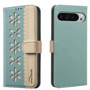 For Google Pixel 8 Splicing Color Hollow Flower Pattern RFID Leather Phone Case(Green)