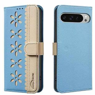 For Google Pixel 8 Splicing Color Hollow Flower Pattern RFID Leather Phone Case(Baby Blue)