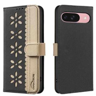 For Google Pixel 9 / 9 Pro Splicing Color Hollow Flower Pattern RFID Leather Phone Case(Black)