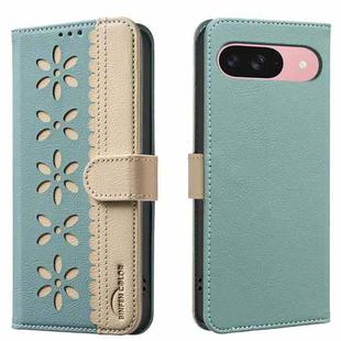 For Google Pixel 9 / 9 Pro Splicing Color Hollow Flower Pattern RFID Leather Phone Case(Green)