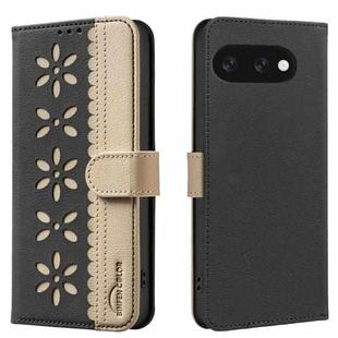 For Google Pixel 9a Splicing Color Hollow Flower Pattern RFID Leather Phone Case(Black)
