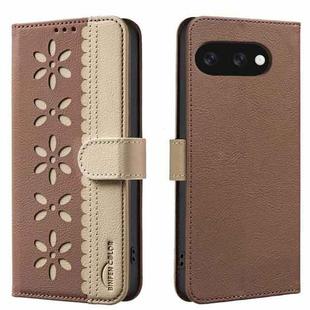 For Google Pixel 9a Splicing Color Hollow Flower Pattern RFID Leather Phone Case(Brown)