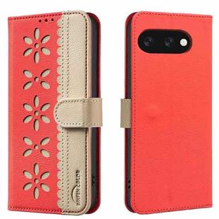 For Google Pixel 9a Splicing Color Hollow Flower Pattern RFID Leather Phone Case(Red)