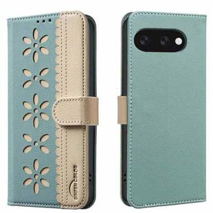 For Google Pixel 9a Splicing Color Hollow Flower Pattern RFID Leather Phone Case(Green)