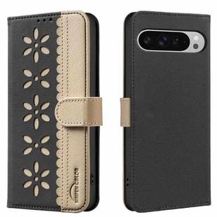 For Google Pixel 9 Pro XL Splicing Color Hollow Flower Pattern RFID Leather Phone Case(Black)