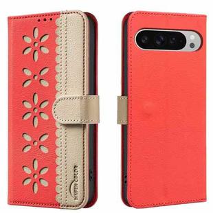 For Google Pixel 9 Pro XL Splicing Color Hollow Flower Pattern RFID Leather Phone Case(Red)