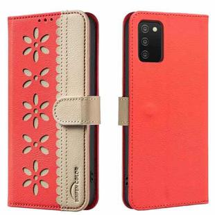 For Samsung Galaxy A02S / A03S Splicing Color Hollow Flower Pattern RFID Leather Phone Case(Red)