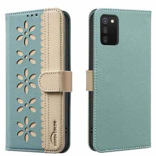 For Samsung Galaxy A02S / A03S Splicing Color Hollow Flower Pattern RFID Leather Phone Case(Green)