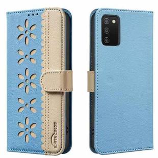 For Samsung Galaxy A02S / A03S Splicing Color Hollow Flower Pattern RFID Leather Phone Case(Baby Blue)