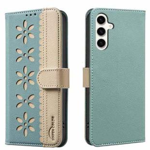 For Samsung Galaxy A05S Splicing Color Hollow Flower Pattern RFID Leather Phone Case(Green)