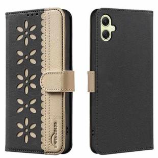 For Samsung Galaxy A05 Splicing Color Hollow Flower Pattern RFID Leather Phone Case(Black)