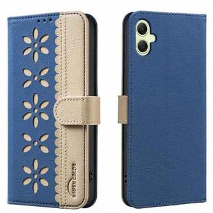 For Samsung Galaxy A06 Splicing Color Hollow Flower Pattern RFID Leather Phone Case(Dark Blue)
