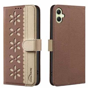 For Samsung Galaxy A06 Splicing Color Hollow Flower Pattern RFID Leather Phone Case(Brown)