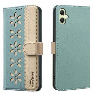 For Samsung Galaxy A06 Splicing Color Hollow Flower Pattern RFID Leather Phone Case(Green)