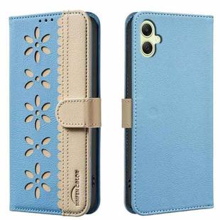 For Samsung Galaxy A06 Splicing Color Hollow Flower Pattern RFID Leather Phone Case(Baby Blue)