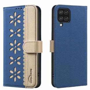 For Samsung Galaxy A12 Splicing Color Hollow Flower Pattern RFID Leather Phone Case(Dark Blue)