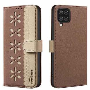 For Samsung Galaxy A12 Splicing Color Hollow Flower Pattern RFID Leather Phone Case(Brown)