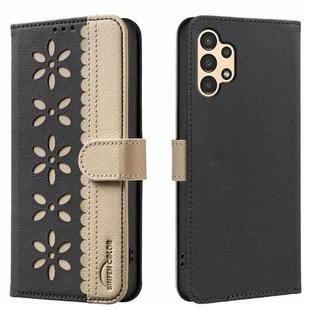For Samsung Galaxy A13 Splicing Color Hollow Flower Pattern RFID Leather Phone Case(Black)