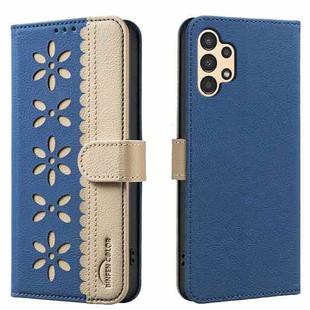 For Samsung Galaxy A13 Splicing Color Hollow Flower Pattern RFID Leather Phone Case(Dark Blue)