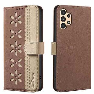 For Samsung Galaxy A13 Splicing Color Hollow Flower Pattern RFID Leather Phone Case(Brown)
