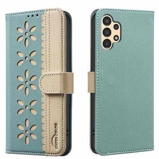 For Samsung Galaxy A13 Splicing Color Hollow Flower Pattern RFID Leather Phone Case(Green)