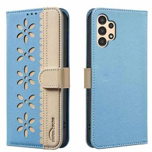 For Samsung Galaxy A13 Splicing Color Hollow Flower Pattern RFID Leather Phone Case(Baby Blue)