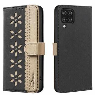 For Samsung Galaxy A22 4G Splicing Color Hollow Flower Pattern RFID Leather Phone Case(Black)