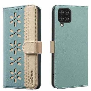 For Samsung Galaxy A22 4G Splicing Color Hollow Flower Pattern RFID Leather Phone Case(Green)