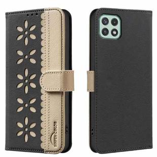 For Samsung Galaxy A22 5G Splicing Color Hollow Flower Pattern RFID Leather Phone Case(Black)