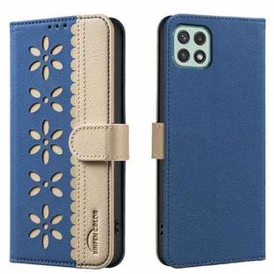 For Samsung Galaxy A22 5G Splicing Color Hollow Flower Pattern RFID Leather Phone Case(Dark Blue)