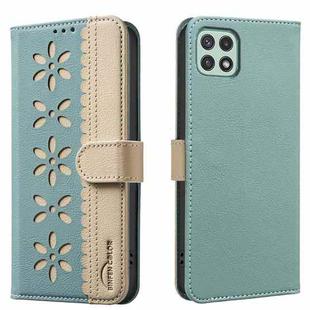 For Samsung Galaxy A22 5G Splicing Color Hollow Flower Pattern RFID Leather Phone Case(Green)