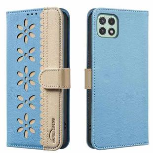 For Samsung Galaxy A22 5G Splicing Color Hollow Flower Pattern RFID Leather Phone Case(Baby Blue)