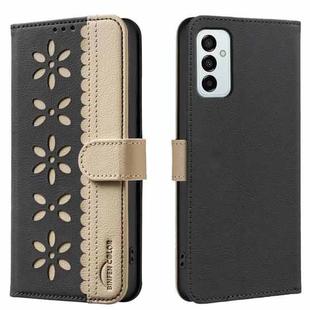 For Samsung Galaxy A23 / M23 / M13 4G Splicing Color Hollow Flower Pattern RFID Leather Phone Case(Black)