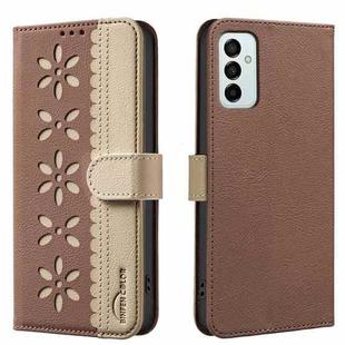 For Samsung Galaxy A23 / M23 / M13 4G Splicing Color Hollow Flower Pattern RFID Leather Phone Case(Brown)