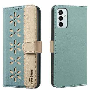 For Samsung Galaxy A23 / M23 / M13 4G Splicing Color Hollow Flower Pattern RFID Leather Phone Case(Green)