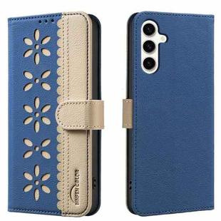 For Samsung Galaxy A26 5G Splicing Color Hollow Flower Pattern RFID Leather Phone Case(Dark Blue)