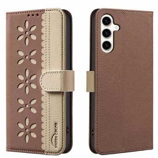 For Samsung Galaxy A26 5G Splicing Color Hollow Flower Pattern RFID Leather Phone Case(Brown)