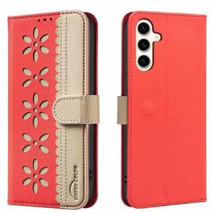 For Samsung Galaxy A26 5G Splicing Color Hollow Flower Pattern RFID Leather Phone Case(Red)